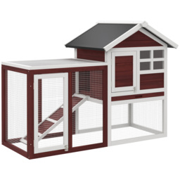 PawHut 122 Wooden Rabbit Hutch Bunny Cage with Waterproof Asphalt Roof, Fun Outdoor Run, Removable Tray and Ramp, Brown - thumbnail 1