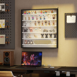 HOMCOM 7-Tier Wall Display Shelf, Display Cabinet w/ 6 Adjustable Shelves, Glass Doors, Home Office Ornaments, Black & White - Aosom UK - thumbnail 9