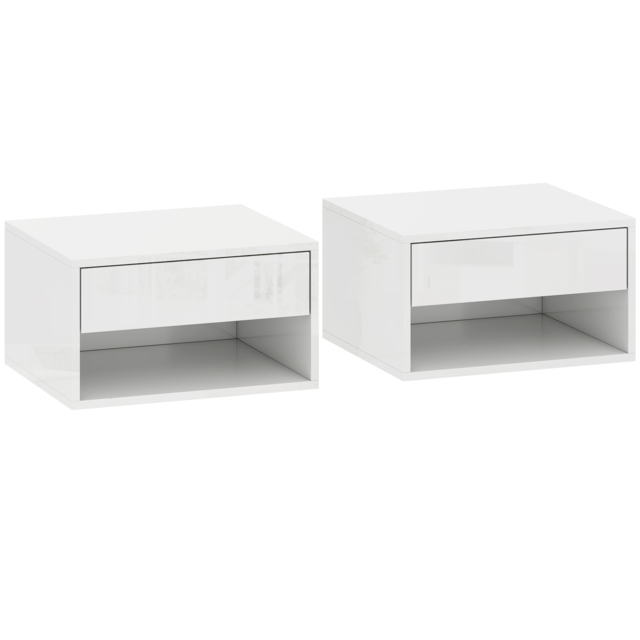 HOMCOM Set of Two Floating Bedside Tables, Wall Mounted Nightstand with Drawer and Open Shelf, High Gloss White - image 1