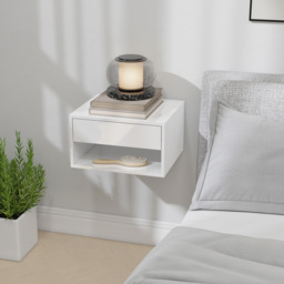 HOMCOM Set of Two Floating Bedside Tables, Wall Mounted Nightstand with Drawer and Open Shelf, High Gloss White - thumbnail 8