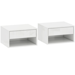 HOMCOM Set of Two Floating Bedside Tables, Wall Mounted Nightstand with Drawer and Open Shelf, High Gloss White - thumbnail 1
