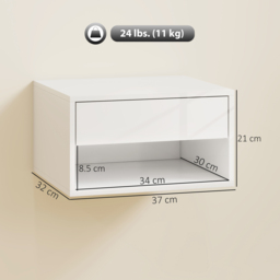 HOMCOM Set of Two Floating Bedside Tables, Wall Mounted Nightstand with Drawer and Open Shelf, High Gloss White - thumbnail 3