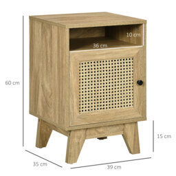 HOMCOM Bedside Cabinet with Rattan Detail, Side Table with Shelf & Cupboard, 39x35x60cm, Natural - Aosom UK - thumbnail 3