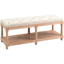 HOMCOM 2-Tier Bed End Bench, Vintage Stool, Wooden Window Seat with Storage Shelf, Button Tufted Upholstered Footstool, Cream White - Aosom UK
