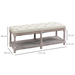 HOMCOM 2-Tier Bed End Bench, Vintage Stool, Wooden Window Seat with Storage Shelf, Button Tufted Upholstered Footstool, Cream White - Aosom UK - thumbnail 3