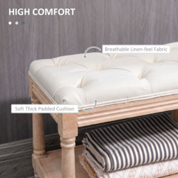 HOMCOM 2-Tier Bed End Bench, Vintage Stool, Wooden Window Seat with Storage Shelf, Button Tufted Upholstered Footstool, Cream White - Aosom UK - thumbnail 5