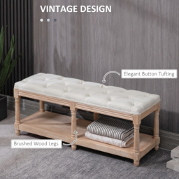 HOMCOM 2-Tier Bed End Bench, Vintage Stool, Wooden Window Seat with Storage Shelf, Button Tufted Upholstered Footstool, Cream White - Aosom UK - thumbnail 4