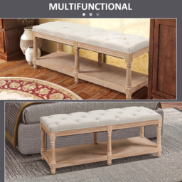 HOMCOM 2-Tier Bed End Bench, Vintage Stool, Wooden Window Seat with Storage Shelf, Button Tufted Upholstered Footstool, Cream White - Aosom UK - thumbnail 7