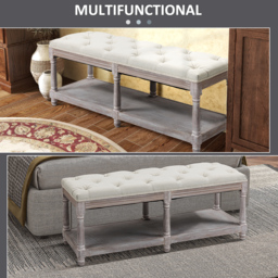 HOMCOM 2-Tier Bed End Bench, Vintage Stool, Wooden Window Seat with Storage Shelf, Button Tufted Upholstered Footstool, Cream White - Aosom UK - thumbnail 7