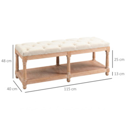 HOMCOM 2-Tier Bed End Bench, Vintage Stool, Wooden Window Seat with Storage Shelf, Button Tufted Upholstered Footstool, Cream White - Aosom UK - thumbnail 3