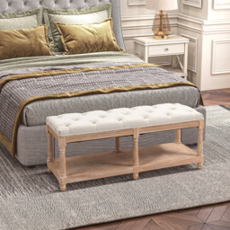 HOMCOM 2-Tier Bed End Bench, Vintage Stool, Wooden Window Seat with Storage Shelf, Button Tufted Upholstered Footstool, Cream White - Aosom UK - thumbnail 2