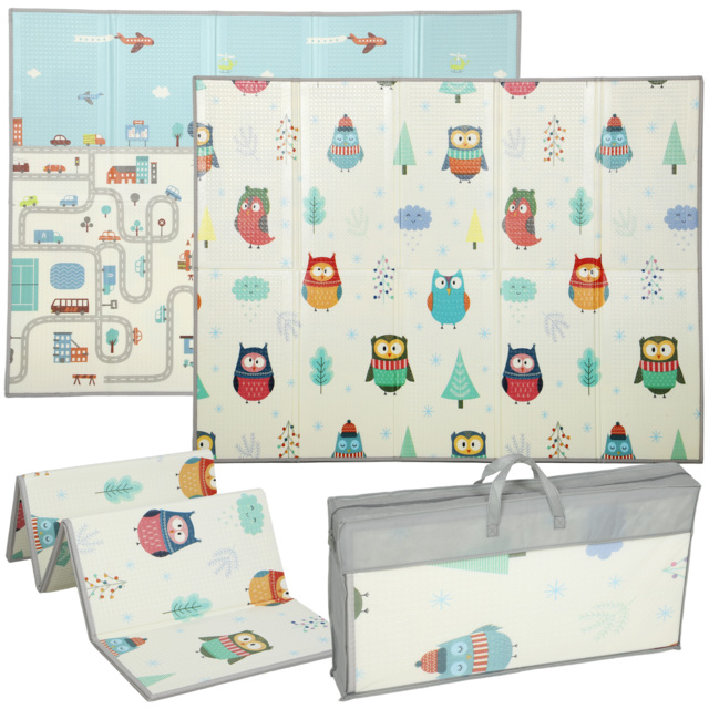 AIYAPLAY Foldable Baby Plat Mat Double Sided, Kids Floor Mat for Crawling, 195.5L x 147.5W cm, Car track and Owl Theme - image 1