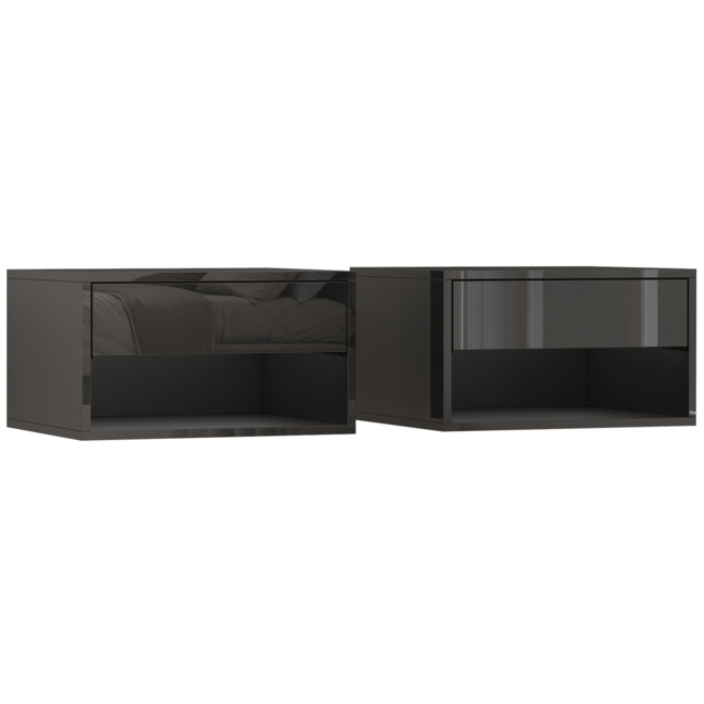 HOMCOM Floating Bedside Tables Set of 2, Wall Mounted Nightstand, High Gloss Black - image 1
