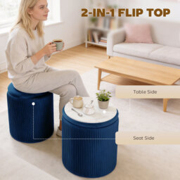 HOMCOM Storage Ottoman Modern Velvet Round Foot Stool for Living Room Bedroom 45 cm Blue - thumbnail 4