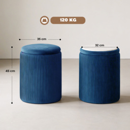 HOMCOM Storage Ottoman Modern Velvet Round Foot Stool for Living Room Bedroom 45 cm Blue - thumbnail 3