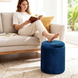 HOMCOM Storage Ottoman Modern Velvet Round Foot Stool for Living Room Bedroom 45 cm Blue - thumbnail 8
