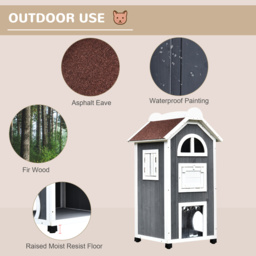 PawHut Wooden Cat House, Weatherproof Pet Shelter, Outdoor Cat Condos Cave, 2 Floor Furniture, Grey and White - Aosom UK - thumbnail 4