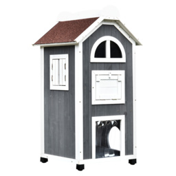 PawHut Wooden Cat House, Weatherproof Pet Shelter, Outdoor Cat Condos Cave, 2 Floor Furniture, Grey and White - Aosom UK - thumbnail 1