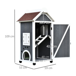 PawHut Wooden Cat House, Weatherproof Pet Shelter, Outdoor Cat Condos Cave, 2 Floor Furniture, Grey and White - Aosom UK - thumbnail 3