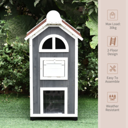 PawHut Wooden Cat House, Weatherproof Pet Shelter, Outdoor Cat Condos Cave, 2 Floor Furniture, Grey and White - Aosom UK - thumbnail 6