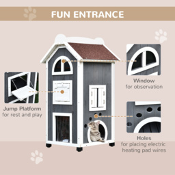 PawHut Wooden Cat House, Weatherproof Pet Shelter, Outdoor Cat Condos Cave, 2 Floor Furniture, Grey and White - Aosom UK - thumbnail 5