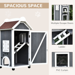 PawHut Wooden Cat House, Weatherproof Pet Shelter, Outdoor Cat Condos Cave, 2 Floor Furniture, Grey and White - Aosom UK - thumbnail 7