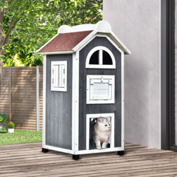 PawHut Wooden Cat House, Weatherproof Pet Shelter, Outdoor Cat Condos Cave, 2 Floor Furniture, Grey and White - Aosom UK - thumbnail 2