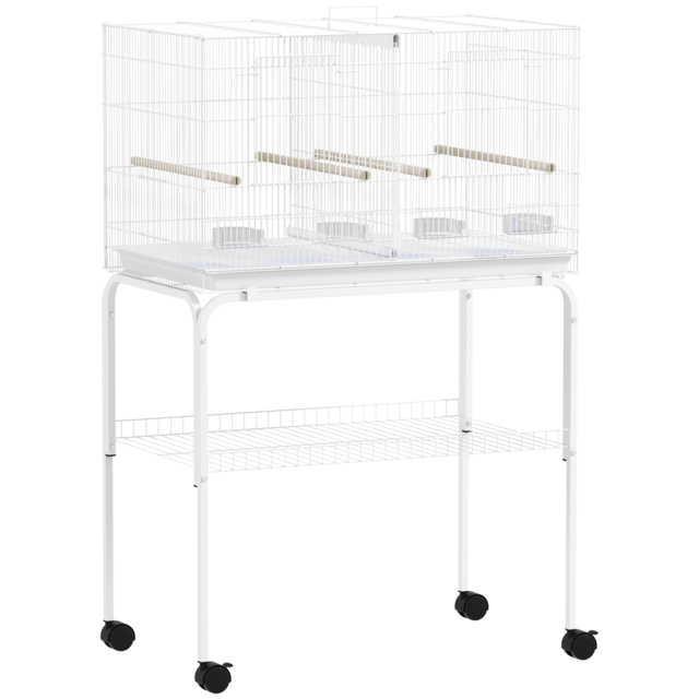 PawHut Bird Cage with Divider, 4 Wooden Perches, Slide Out Tray, 4 Feeders, for Budgie, Lovebird, Canary, 76 x 46 x 116cm White - image 1