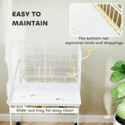 PawHut Bird Cage with Divider, 4 Wooden Perches, Slide Out Tray, 4 Feeders, for Budgie, Lovebird, Canary, 76 x 46 x 116cm White - thumbnail 7
