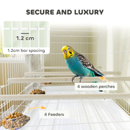 PawHut Bird Cage with Divider, 4 Wooden Perches, Slide Out Tray, 4 Feeders, for Budgie, Lovebird, Canary, 76 x 46 x 116cm White - thumbnail 5