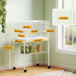 PawHut Bird Cage with Divider, 4 Wooden Perches, Slide Out Tray, 4 Feeders, for Budgie, Lovebird, Canary, 76 x 46 x 116cm White - thumbnail 3