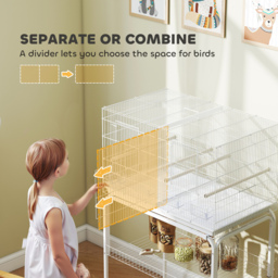 PawHut Bird Cage with Divider, 4 Wooden Perches, Slide Out Tray, 4 Feeders, for Budgie, Lovebird, Canary, 76 x 46 x 116cm White - thumbnail 4