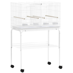 PawHut Bird Cage with Divider, 4 Wooden Perches, Slide Out Tray, 4 Feeders, for Budgie, Lovebird, Canary, 76 x 46 x 116cm White - thumbnail 1