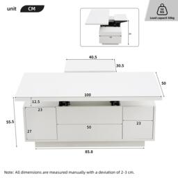 Lift-Up Coffee Table With 2 Doors, 2 Liftable Tops, 2 Cabinets, Particleboard Centre Desk With Hidden Storage, 100L x 50W x 55.5H cm, White - Aosom UK - thumbnail 3