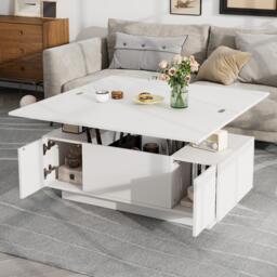 Lift-Up Coffee Table With 2 Doors, 2 Liftable Tops, 2 Cabinets, Particleboard Centre Desk With Hidden Storage, 100L x 50W x 55.5H cm, White - Aosom UK