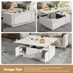 Lift-Up Coffee Table With 2 Doors, 2 Liftable Tops, 2 Cabinets, Particleboard Centre Desk With Hidden Storage, 100L x 50W x 55.5H cm, White - Aosom UK - thumbnail 6