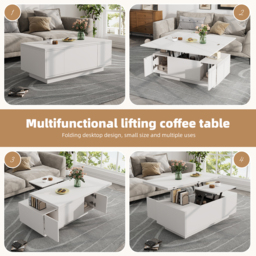 Lift-Up Coffee Table With 2 Doors, 2 Liftable Tops, 2 Cabinets, Particleboard Centre Desk With Hidden Storage, 100L x 50W x 55.5H cm, White - Aosom UK - thumbnail 4