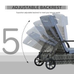 Outsunny Garden Rattan Furniture Single Sun Lounger Recliner Bed Reclining Chair Patio Outdoor Wicker Weave Adjustable Headrest - Grey - thumbnail 7