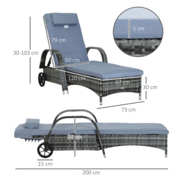 Outsunny Garden Rattan Furniture Single Sun Lounger Recliner Bed Reclining Chair Patio Outdoor Wicker Weave Adjustable Headrest - Grey - thumbnail 3