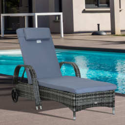 Outsunny Garden Rattan Furniture Single Sun Lounger Recliner Bed Reclining Chair Patio Outdoor Wicker Weave Adjustable Headrest - Grey - thumbnail 2