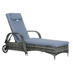 Outsunny Garden Rattan Furniture Single Sun Lounger Recliner Bed Reclining Chair Patio Outdoor Wicker Weave Adjustable Headrest - Grey - thumbnail 1