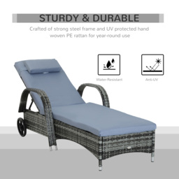 Outsunny Garden Rattan Furniture Single Sun Lounger Recliner Bed Reclining Chair Patio Outdoor Wicker Weave Adjustable Headrest - Grey - thumbnail 5