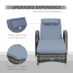 Outsunny Garden Rattan Furniture Single Sun Lounger Recliner Bed Reclining Chair Patio Outdoor Wicker Weave Adjustable Headrest - Grey - thumbnail 6