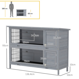 PawHut Rabbit Hutch Outdoor Guinea Pig Hutch Bunny Cage with No-Leak Trays, Divider, 136 x 50 x 93cm, Grey - thumbnail 3