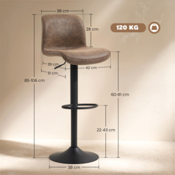 HOMCOM Bar Stools Set of 2, PU Leather Barstools with Backrest and Footrest for Kitchen, Counter, Breakfast Bar, Brown - thumbnail 3