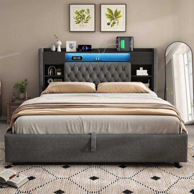 6ft Super King Upholstered Bed with Hydraulic Storage, Stylish Modern Bed Frame with Ambient LED Lighting, 223L x 188W x 115H cm, Grey - Aosom UK - image 1