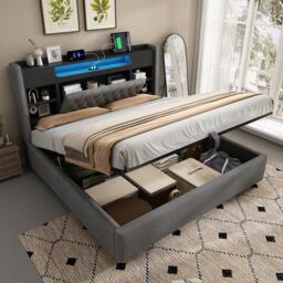 6ft Super King Upholstered Bed with Hydraulic Storage, Stylish Modern Bed Frame with Ambient LED Lighting, 223L x 188W x 115H cm, Grey - Aosom UK - thumbnail 8