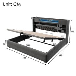 6ft Super King Upholstered Bed with Hydraulic Storage, Stylish Modern Bed Frame with Ambient LED Lighting, 223L x 188W x 115H cm, Grey - Aosom UK - thumbnail 3