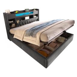 6ft Super King Upholstered Bed with Hydraulic Storage, Stylish Modern Bed Frame with Ambient LED Lighting, 223L x 188W x 115H cm, Grey - Aosom UK - thumbnail 2