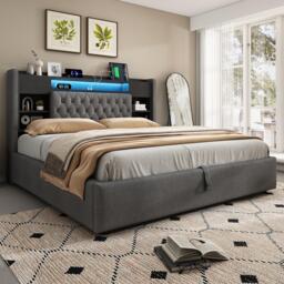 6ft Super King Upholstered Bed with Hydraulic Storage, Stylish Modern Bed Frame with Ambient LED Lighting, 223L x 188W x 115H cm, Grey - Aosom UK - thumbnail 9